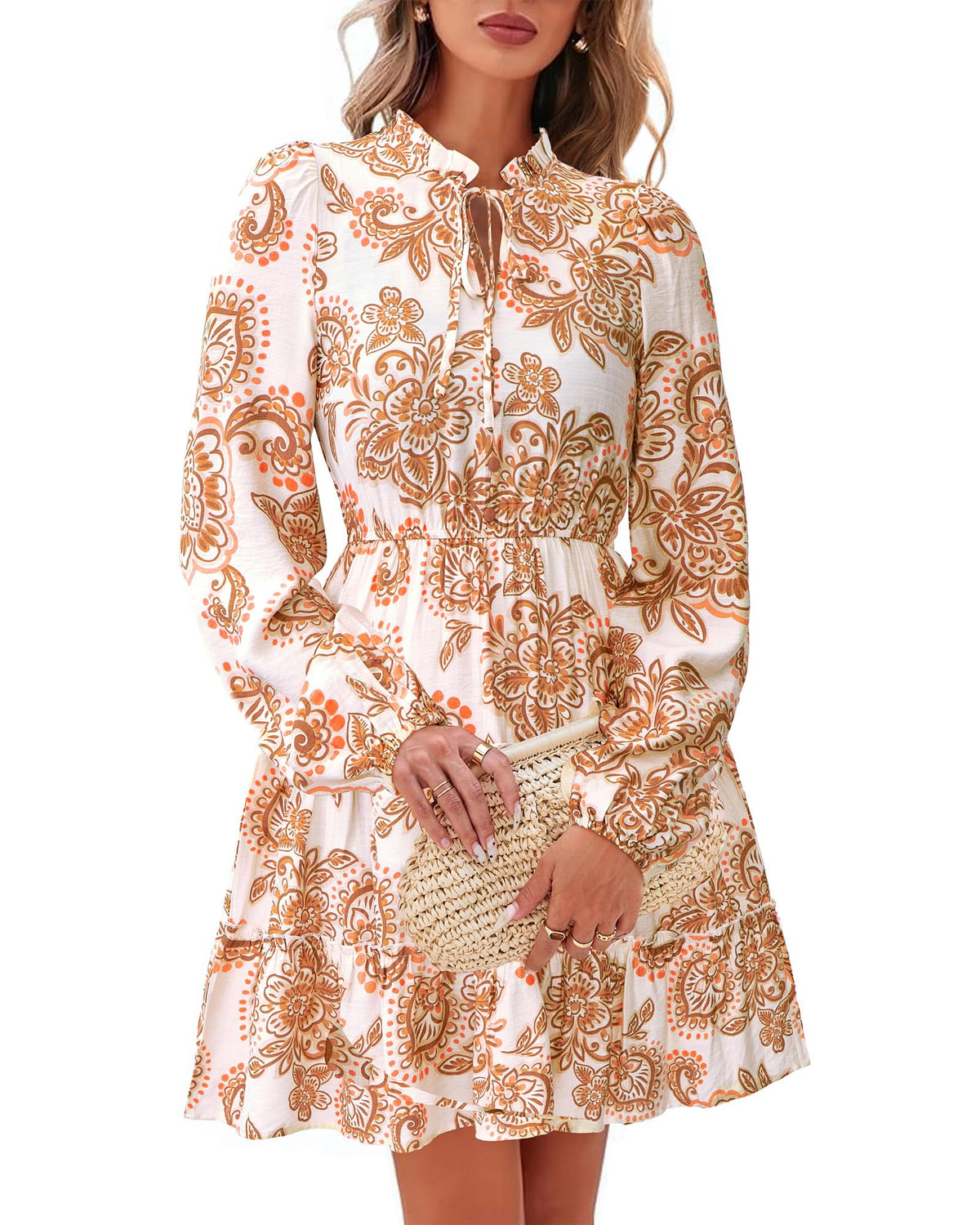 BTFBM Women Fall Dresses 2026 Floral Long Sleeve Mini Boho Dress