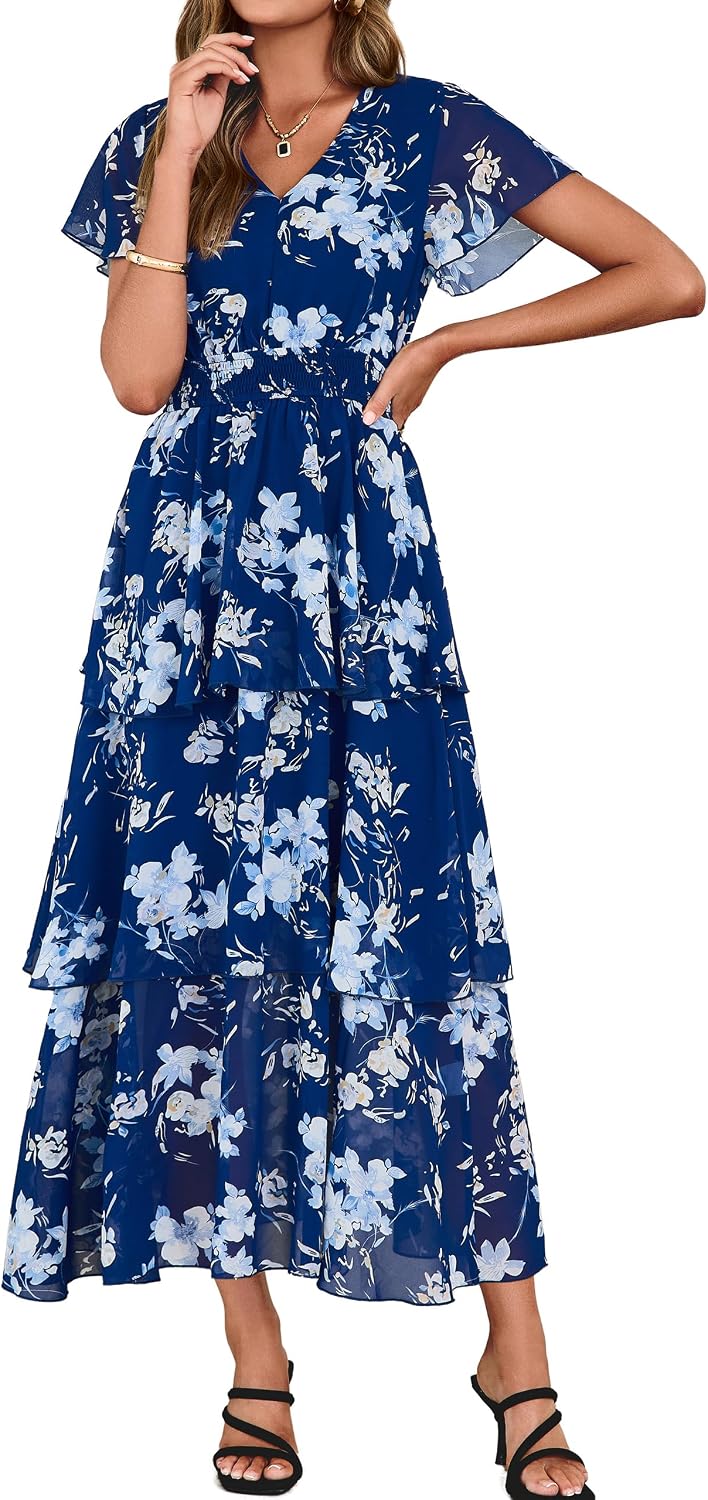 Simplee Women Floral Summer Maxi Dress Boho Flowy Ruffle Tiered Short Sleeves V Neck Long Wedding Guest Dresses