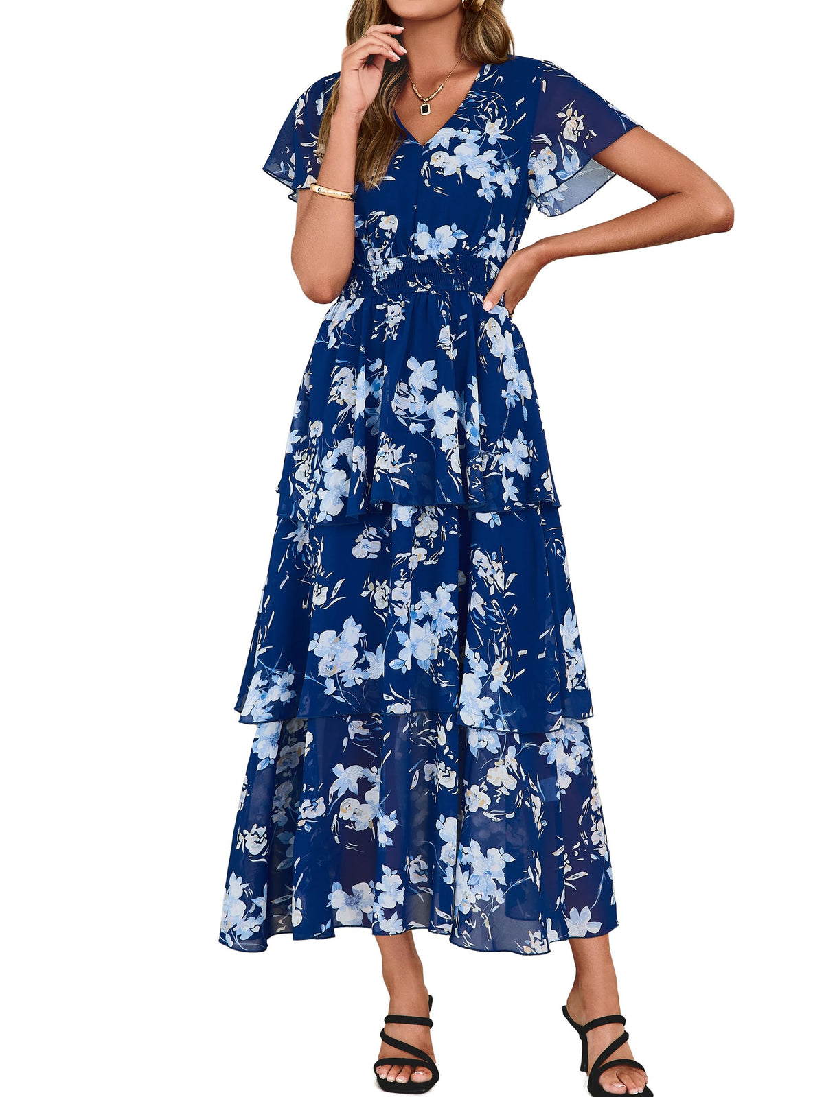 Simplee Women Floral Summer Maxi Dress Boho Flowy Ruffle Tiered Short Sleeves V Neck Long Wedding Guest Dresses
