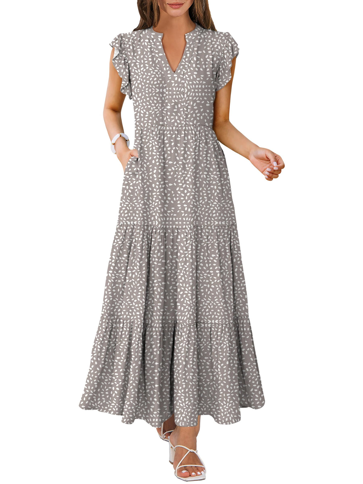 ANRABESS Womens Summer Dress Ruffle Sleeve V Neck Vacation Maxi Dresses