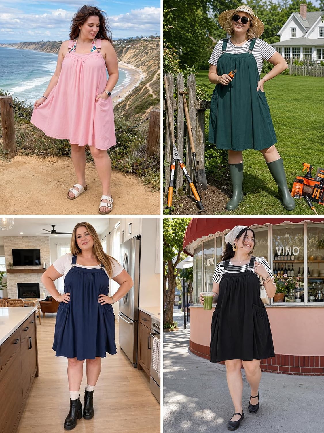 Moon Wood Plus Size Cotton Overall Dress for Women Jumper Dress with Pockets Summer Casual Mini Dress