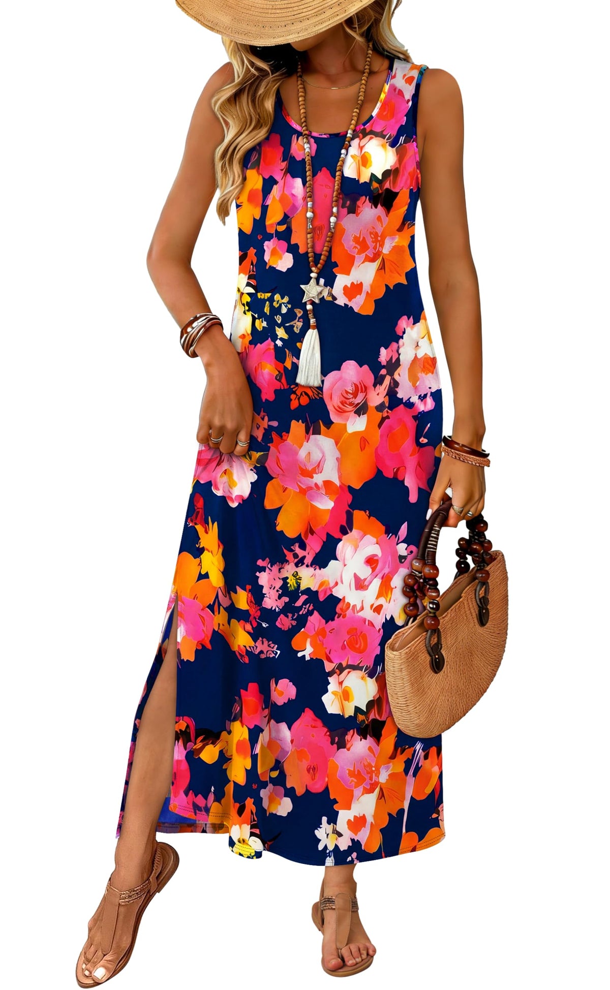 WIHOLL Maxi Dress Summer Dresses 2026 Beach Vacation Clothes Sleeveless Sundresses with Pockets Boho S-3XL