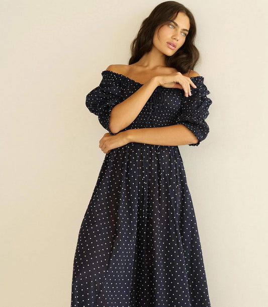ABYOVRT Women Smocked Dresses Puff Sleeve Off Shoulder Flowy Midi Dress Baby Shower Summer Fall