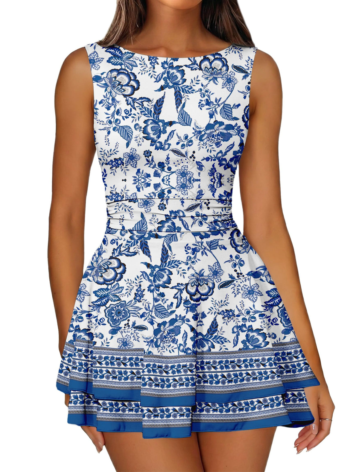 IWD Women's Boat Neck Sleeveless Mini Dress Tiered Ruffle Hem Party Dresses