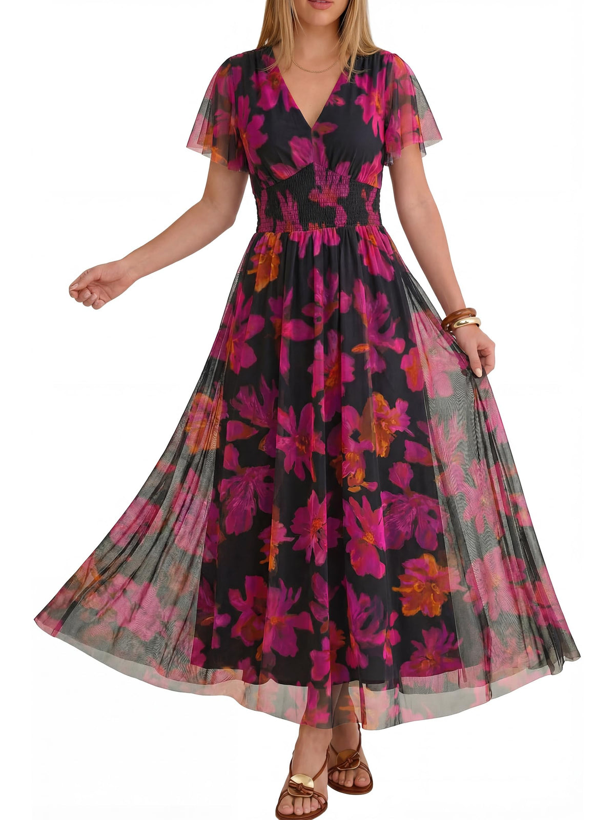 ANRABESS Women's Floral Tulle Wedding Guest Short Sleeve Maxi Dress