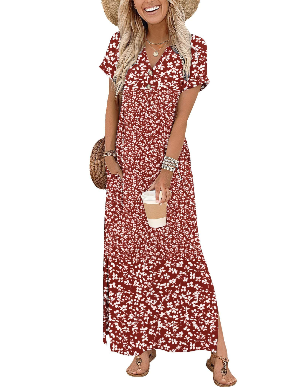 Zeagoo Summer Dresses for Women 2026 Maxi Dresses Vacation Sundress Short Sleeve Casual Sundresses Split Dress with Pockets