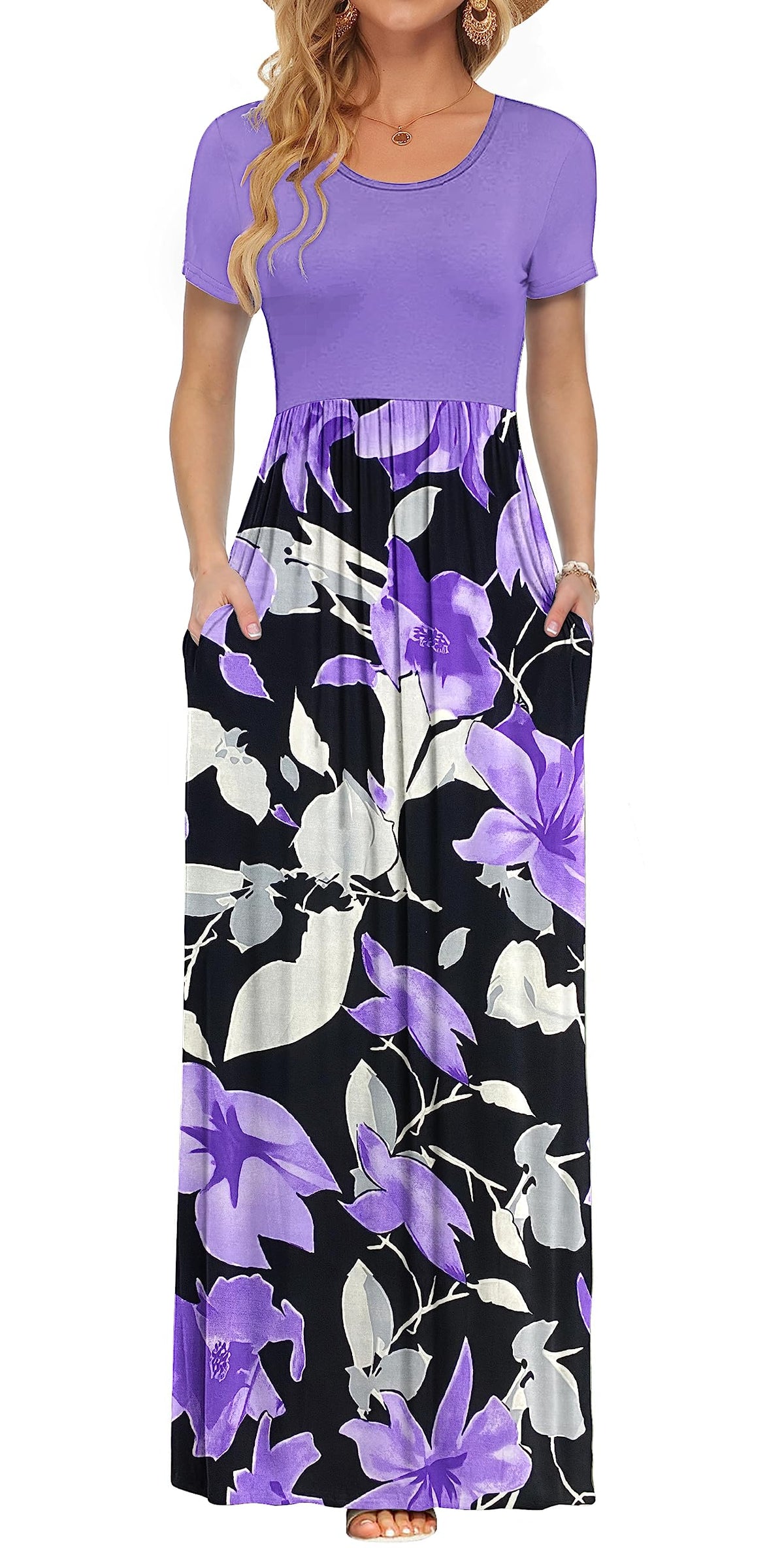 AUSELILY Women's Summer Short Sleeve Loose Plain Casual Long Maxi Dresses