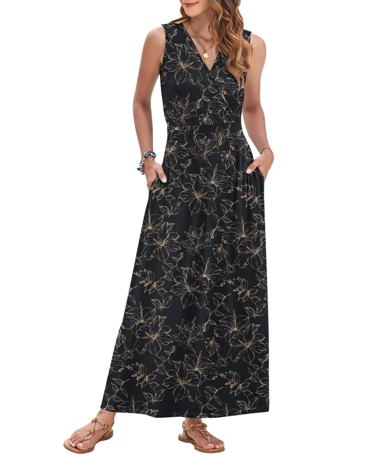 AUSELILY Womens Maxi Dress Summer Sleeveless Wrap Long Dresses with Pockets