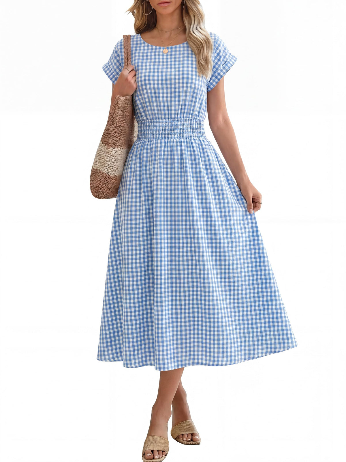 ANRABESS Womens Summer Midi Dress Striped Casual Short Sleeve Crewneck Elastic Waist 2026 Flowy Long Beach Dress with Pockets