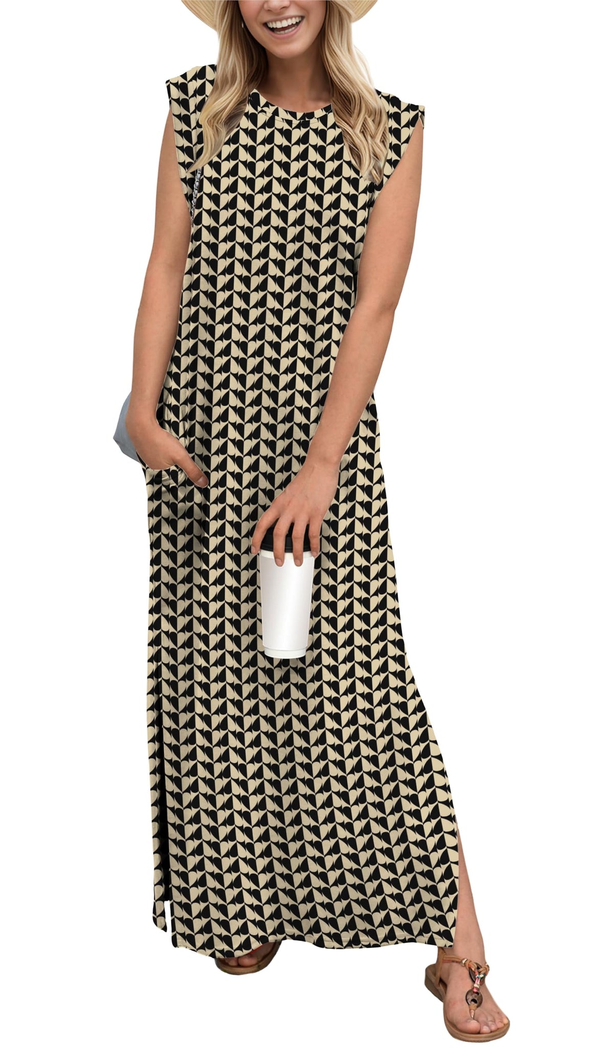 GRECERELLE 2026 Women Year-Round Casual Round Neck Loose Split Wrinkle-Free Long Maxi Vacation Dress with Pockets (XXS-4XL)