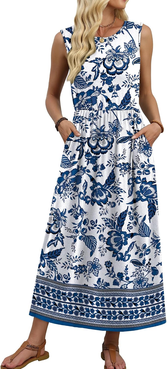 WIHOLL Summer Dresses for Women 2026 Maxi Dresses Long Flowy A Line Sleeveless Sundresses with Pockets
