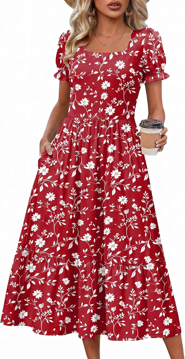 Zeagoo Summer Dresses for Women Flowy Casual Midi Dress Short Sleeve Tiered Dress Beach Vacation Sundresses with Pockets