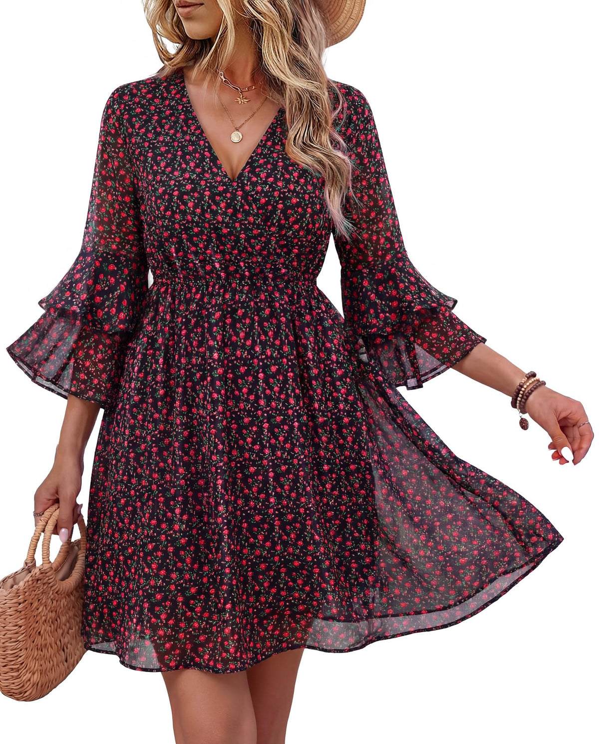Bebonnie Womens 3/4 Ruffle Sleeve Spring Summer Casual V Neck Flowy Chiffon Layers Dresses