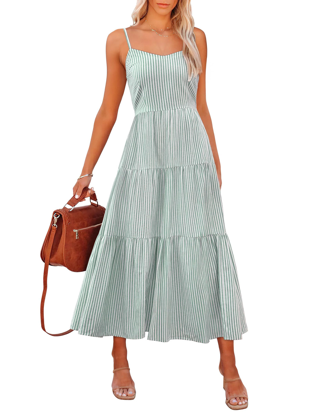 ANRABESS Womens Summer Striped Gingham Midi Dresses Casual Beach Sundress