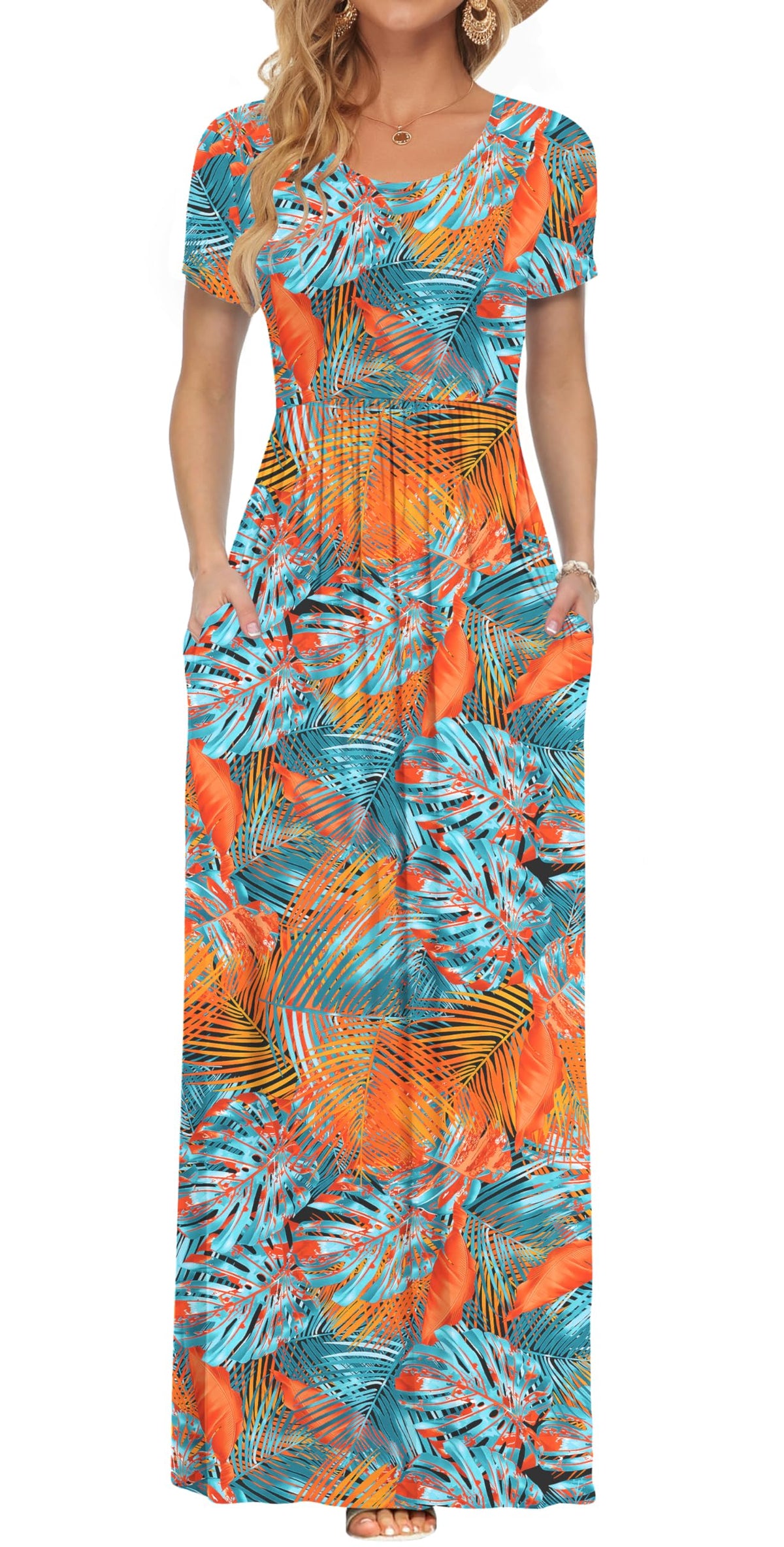 AUSELILY Women's Summer Short Sleeve Loose Plain Casual Long Maxi Dresses