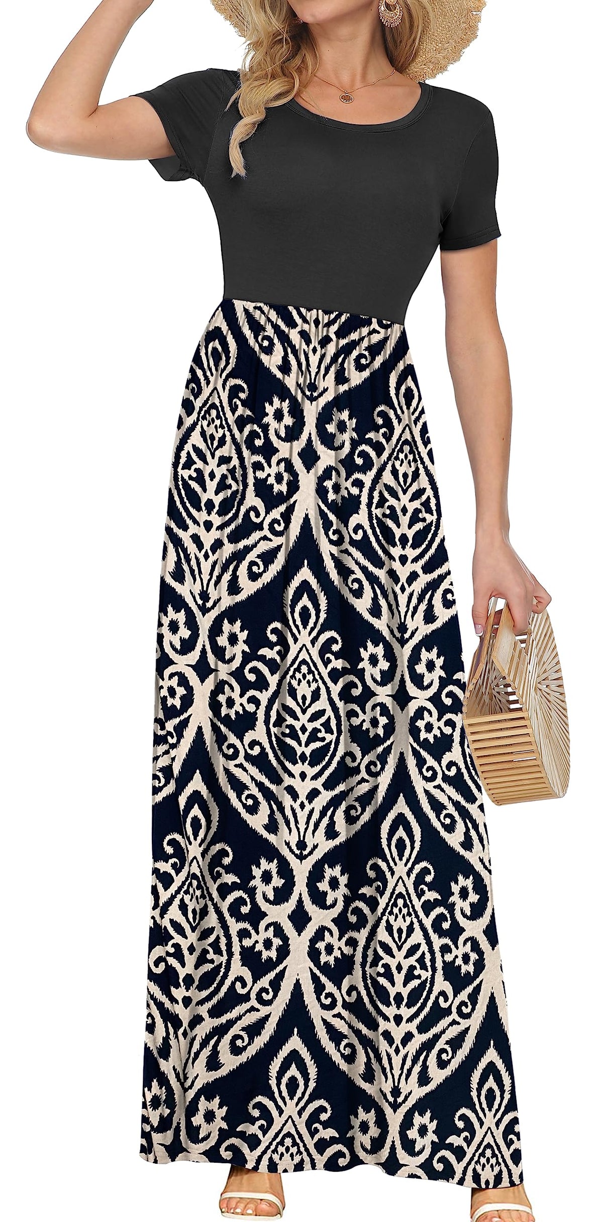 AUSELILY Women's Summer Short Sleeve Loose Plain Casual Long Maxi Dresses