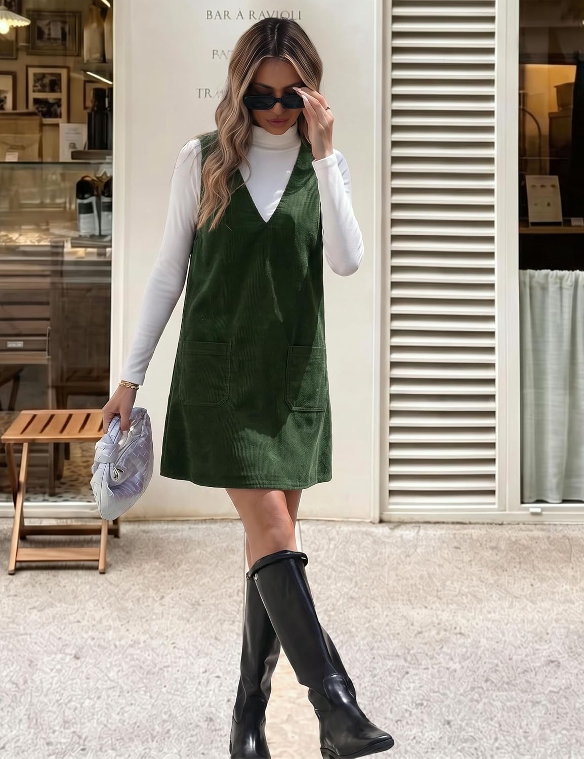 Hooever Women Corduroy Overall Dress V Neck A Line Skirtall Jumper Mini Dress Pinafore with Pockets