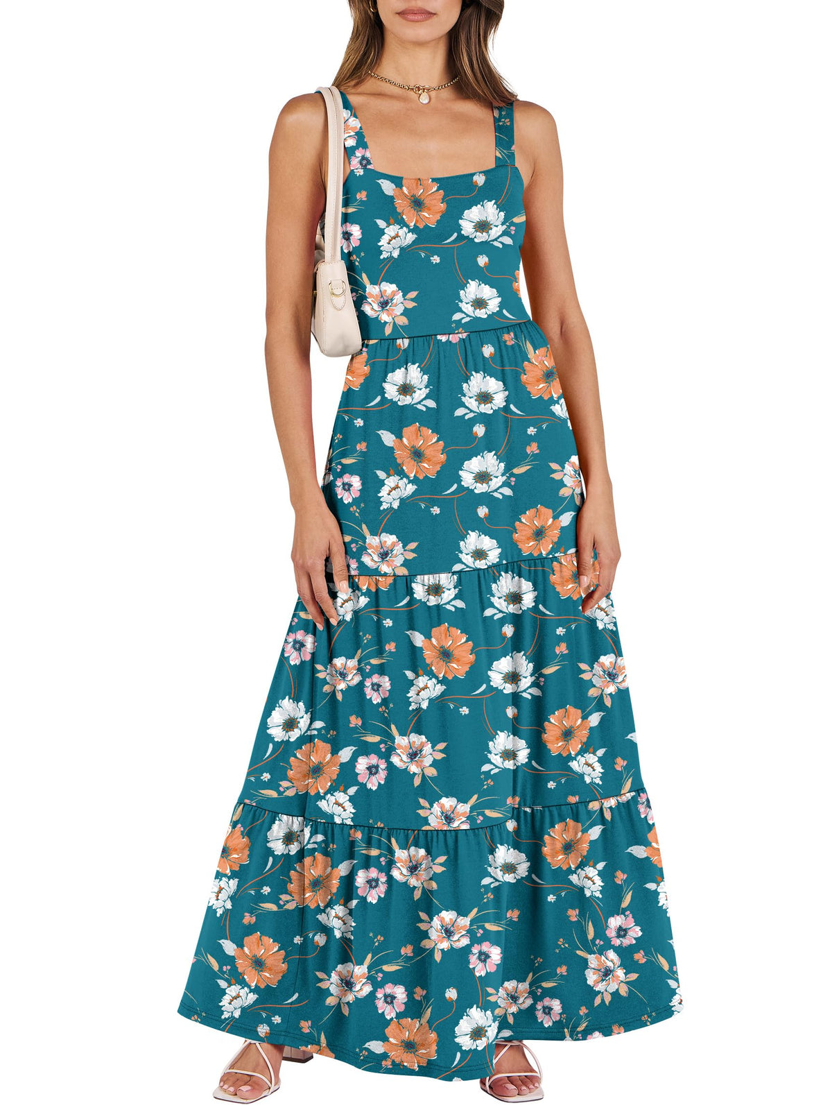 ANRABESS Women's Summer Flowy Maxi Dress Square Neck Sundress with Pockets