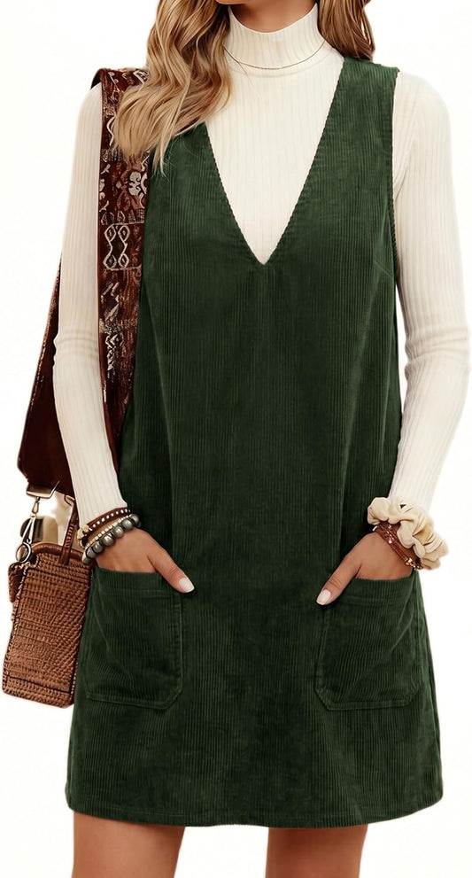 Hooever Women Corduroy Overall Dress V Neck A Line Skirtall Jumper Mini Dress Pinafore with Pockets