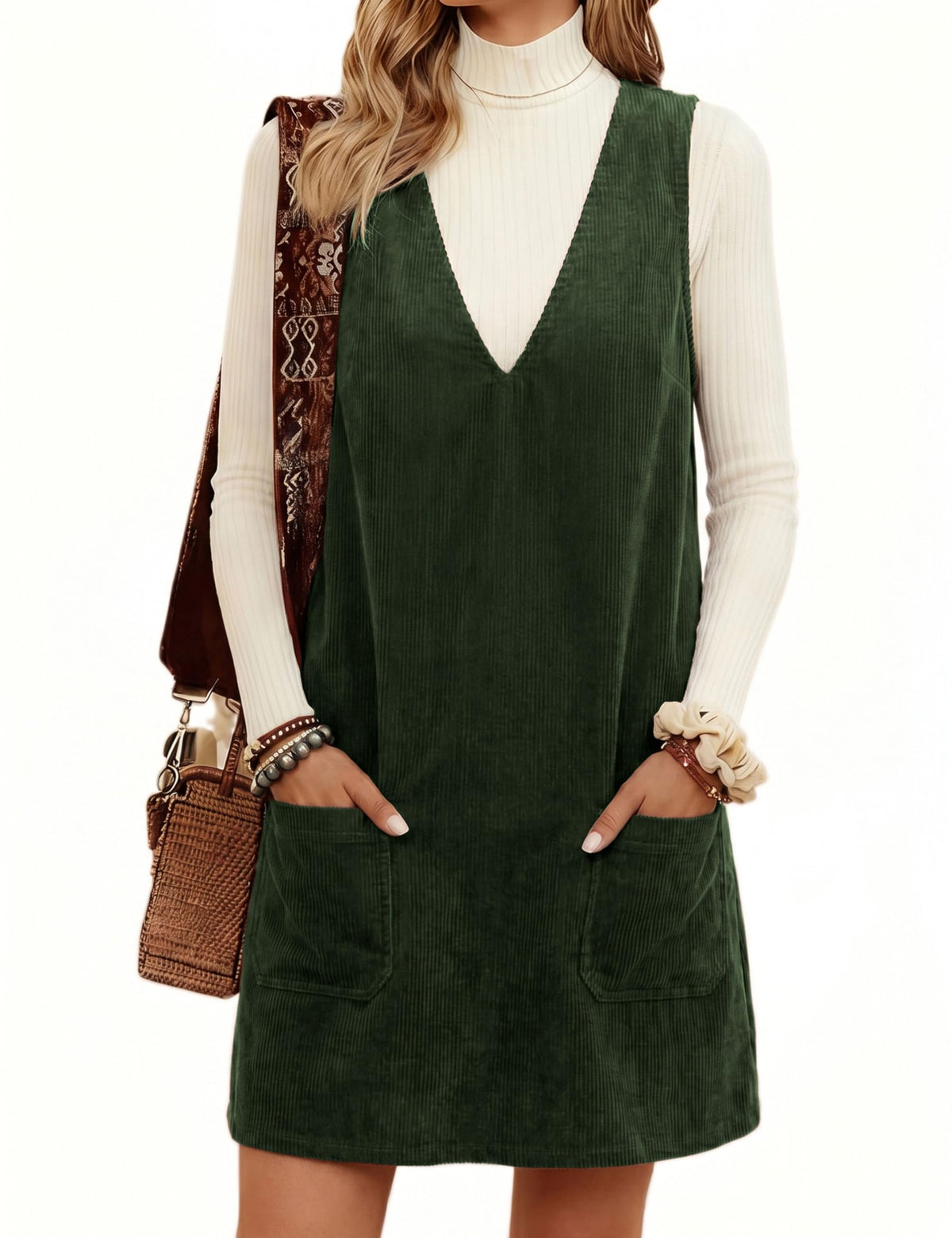 Hooever Women Corduroy Overall Dress V Neck A Line Skirtall Jumper Mini Dress Pinafore with Pockets
