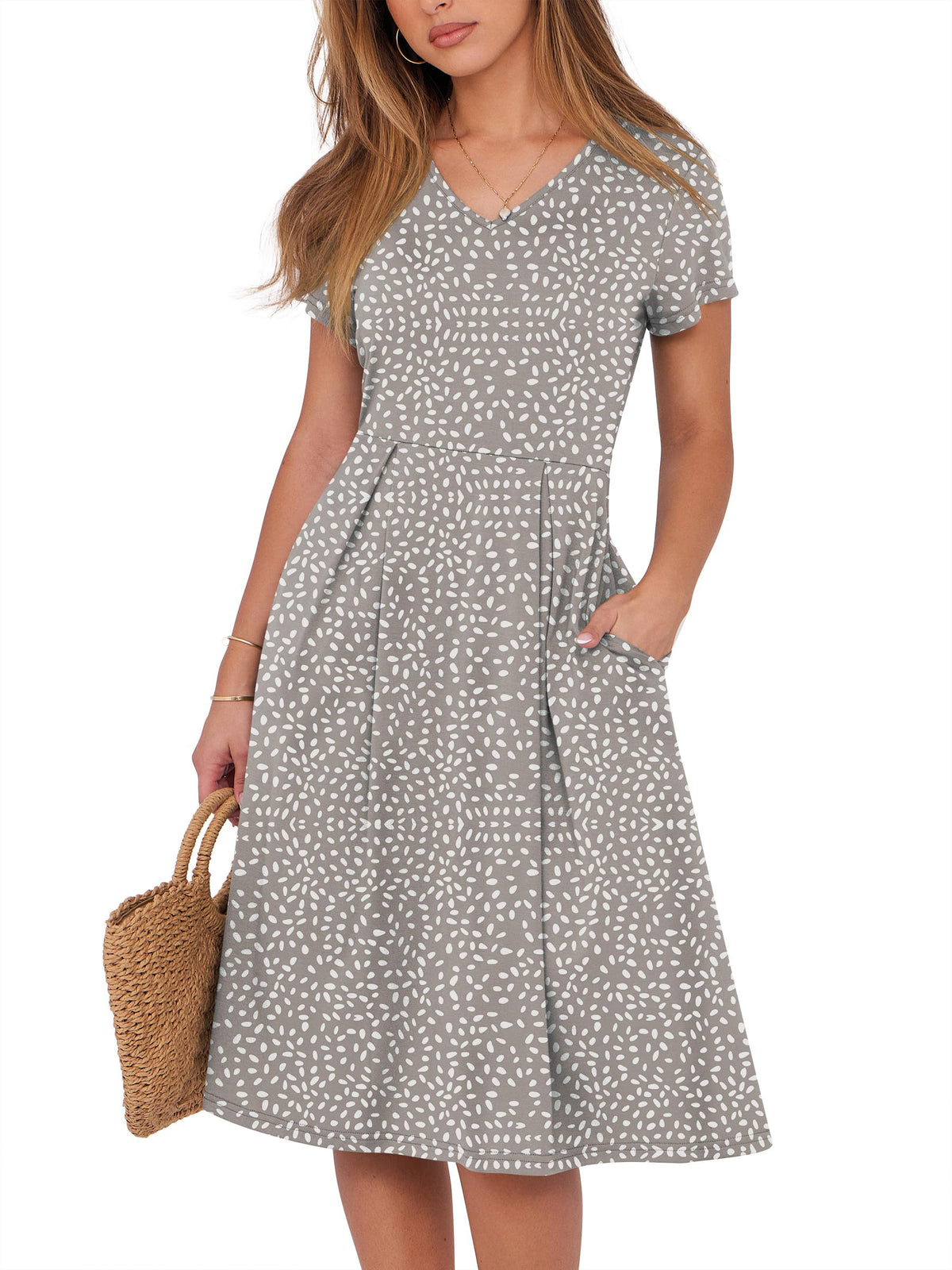 ANRABESS Women Summer Dress Casual Short Sleeve V Neck A-Line Knee Length Pleated Flowy 2026 Fashion Midi Dresses with Pocket