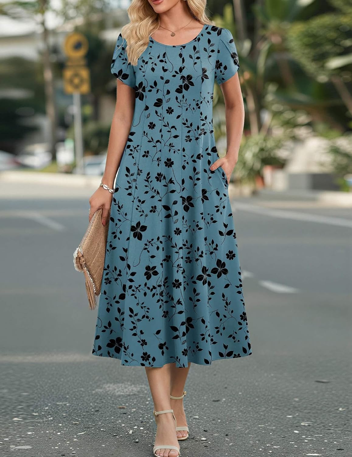HOTOUCH Summer Dresses for Women 2026 Casual Midi Dress Petal Short Sleeve A Line Dress Pleated Flare Sundress