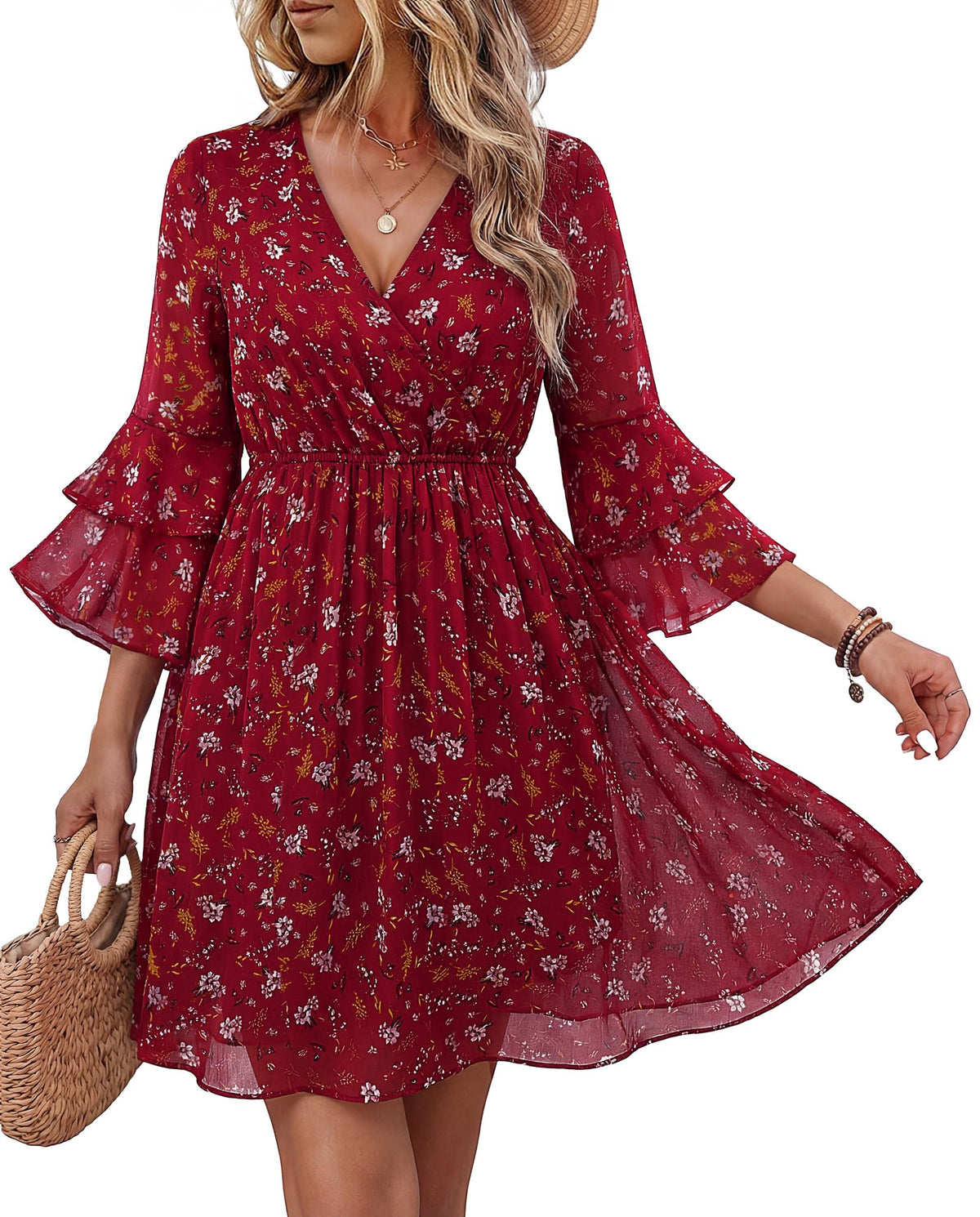 Bebonnie Womens 3/4 Ruffle Sleeve Spring Summer Casual V Neck Flowy Chiffon Layers Dresses
