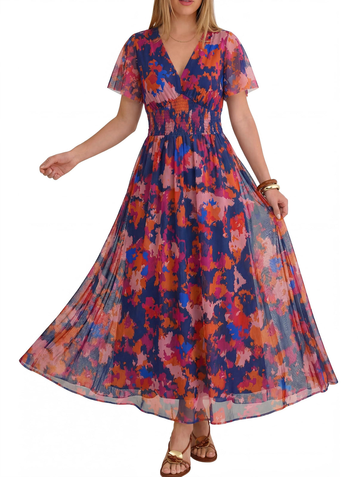 ANRABESS Women's Floral Tulle Wedding Guest Short Sleeve Maxi Dress