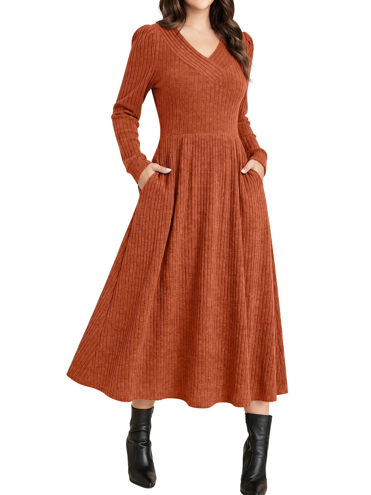 ANRABESS Womens Long Sleeve V Neck A Line Fall Midi Dress