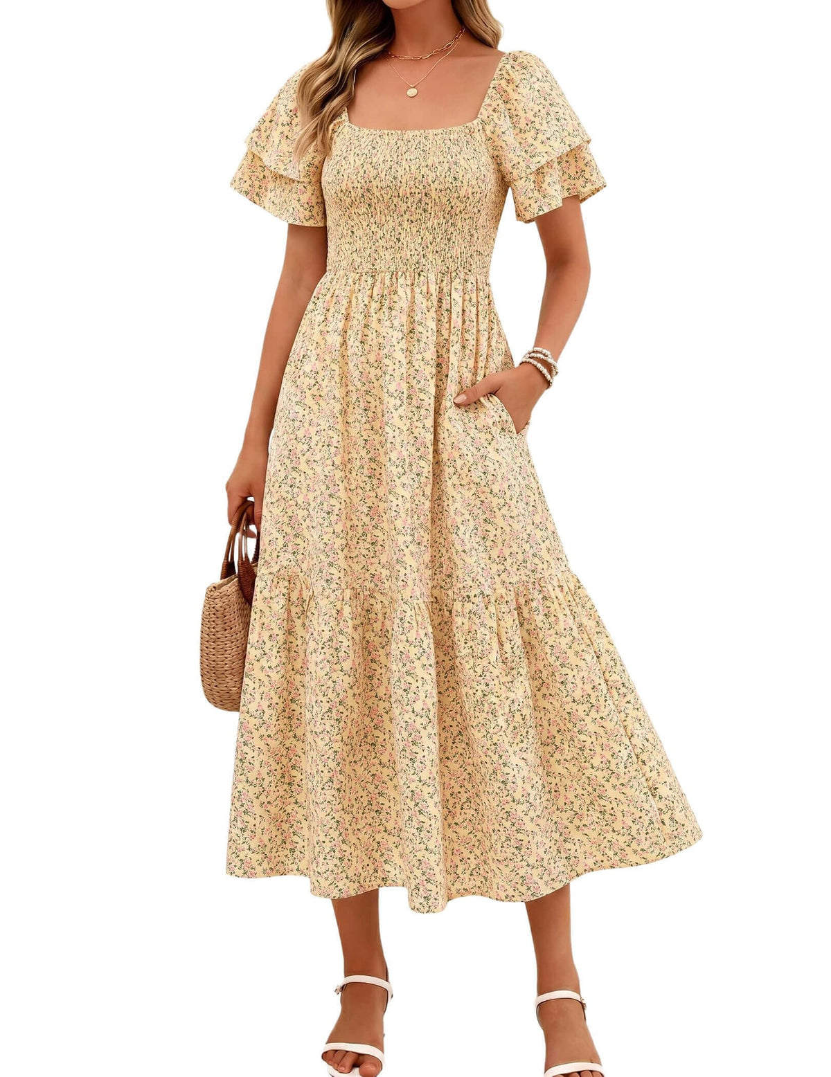 Women's Summer Midi Dress Short Sleeve Square Neck Off Shoulder Ruffle Elastic High Waist Vacation Dress with Pockets