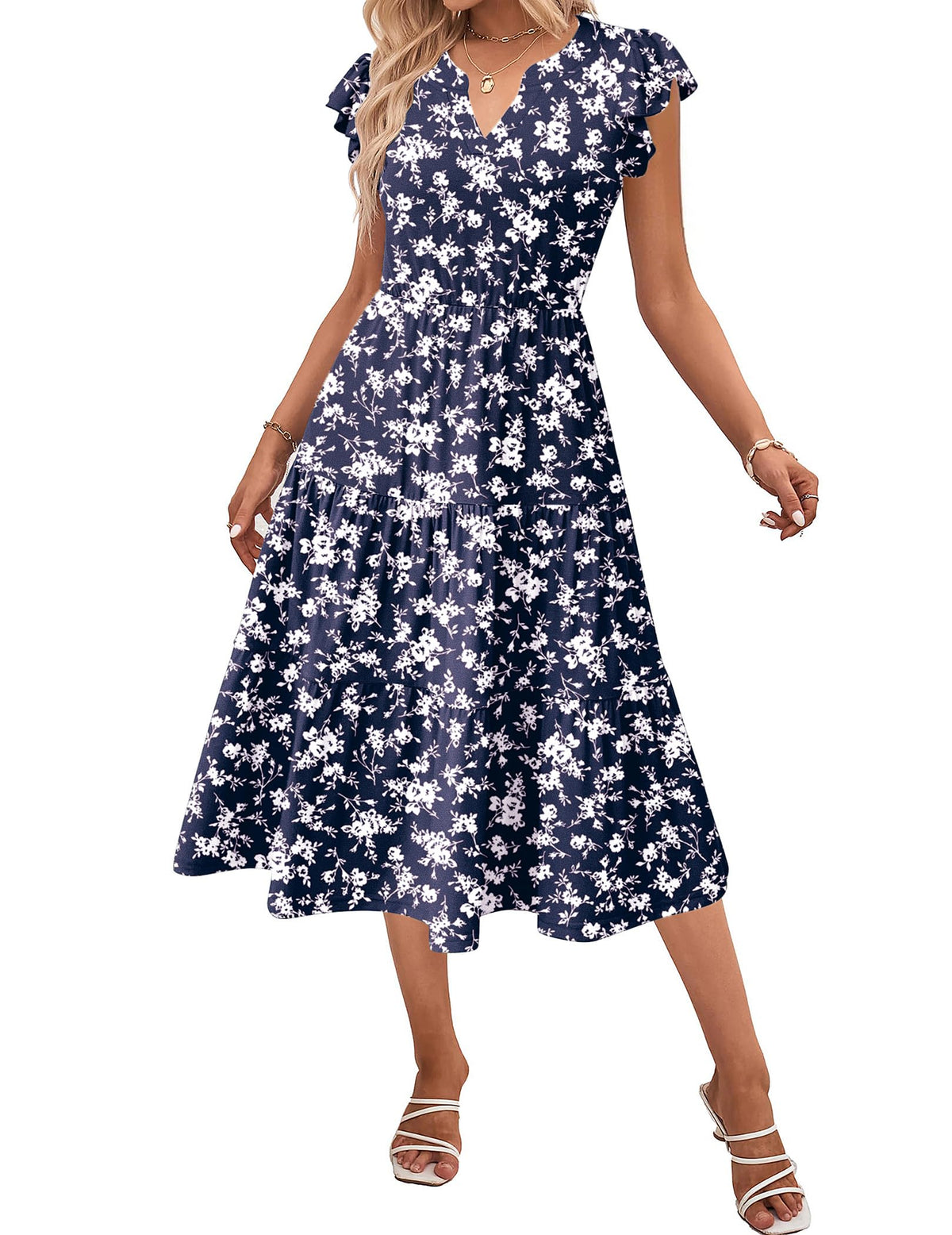 ZEAGOO Womens Summer Casual Dresses Ruffle Sleeve V Neck Midi Dress Flowy Tiered Dress with Pockets Boho Sundresses