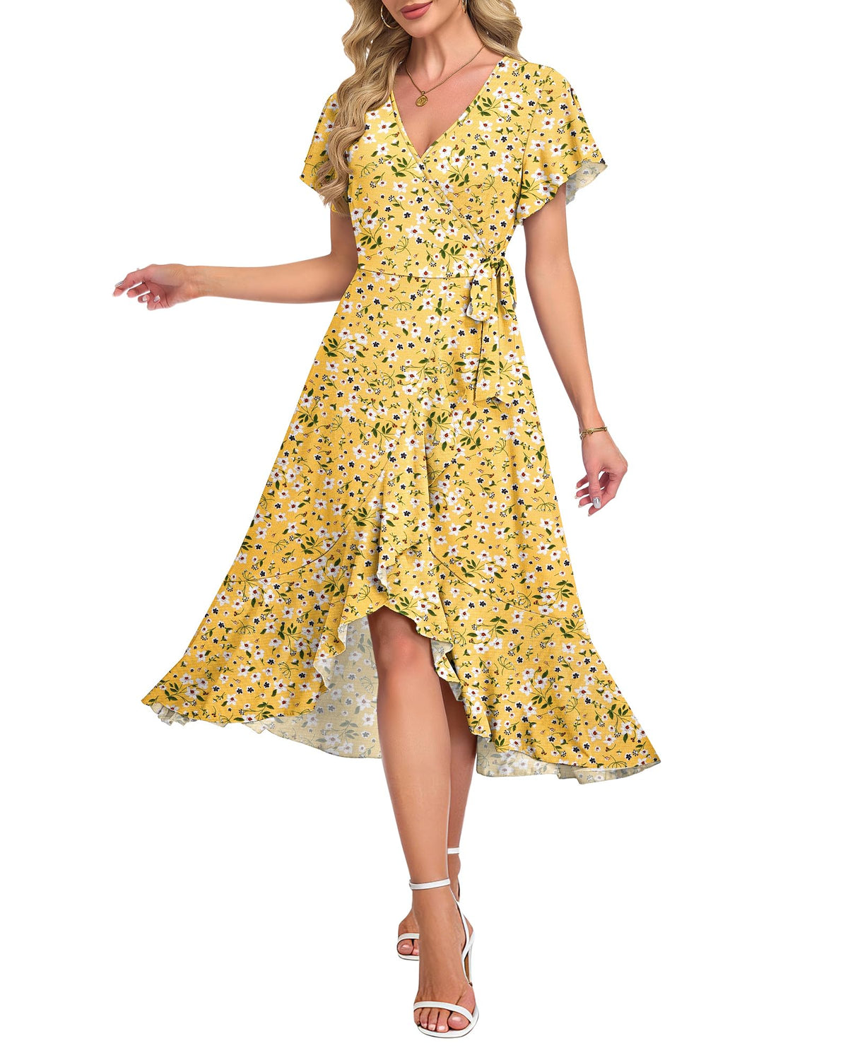 AUSELILY Women Summer Midi Dresses Wrap Short Flutter Sleeve Elegant Dress