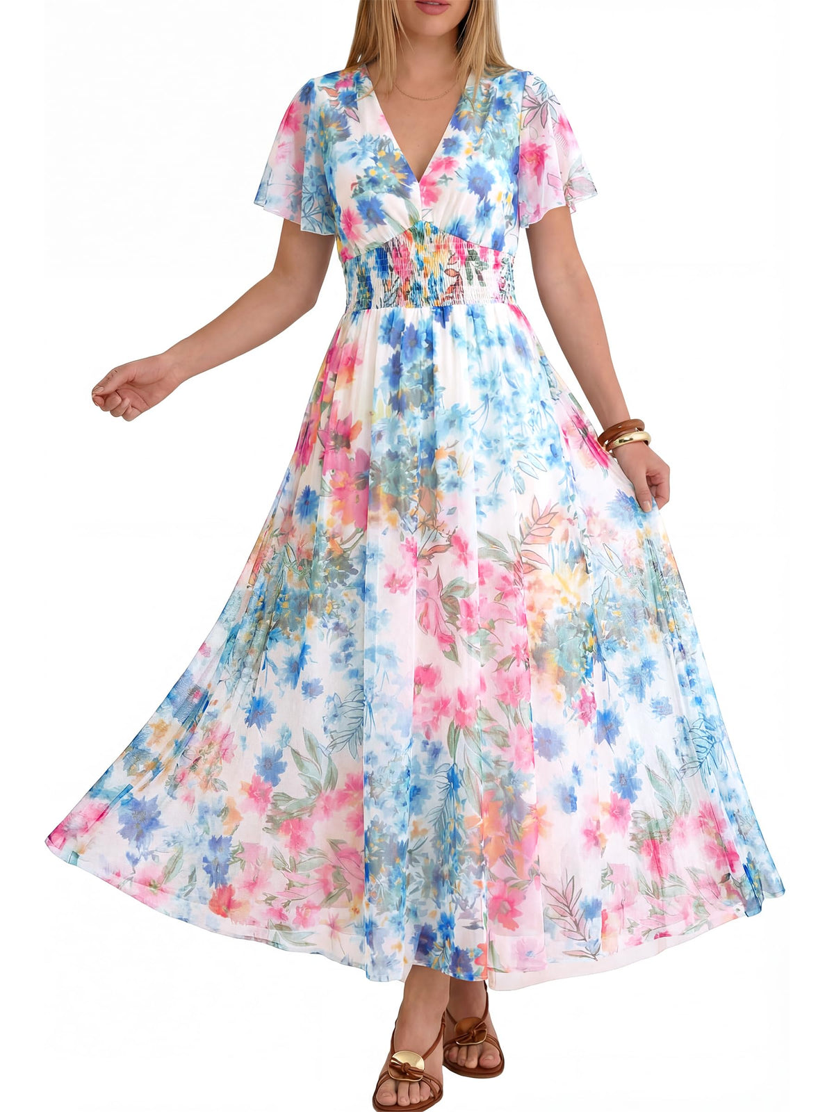 ANRABESS Women's Floral Tulle Wedding Guest Short Sleeve Maxi Dress