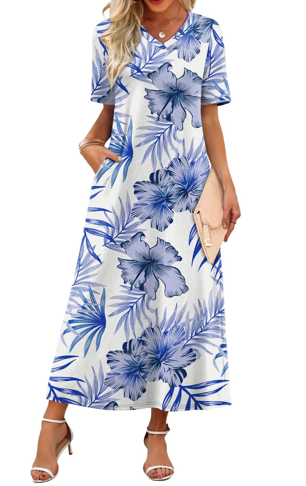 WIHOLL Women's Maxi Dresses V Neck Vacation Beach Sundresses Floral Travel Summer Dress