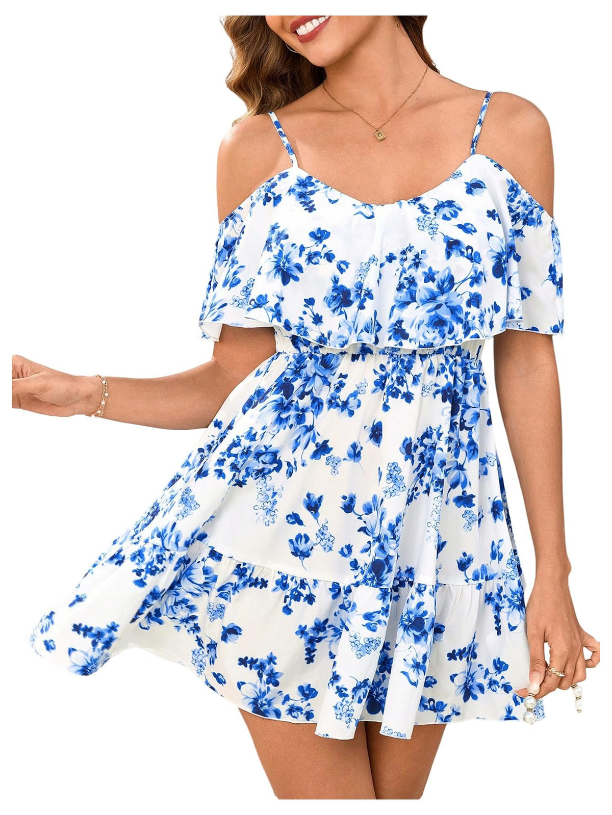 SOLY HUX Women's Summer Floral Mini Dress Cold Shoulder Ruffle Dresses