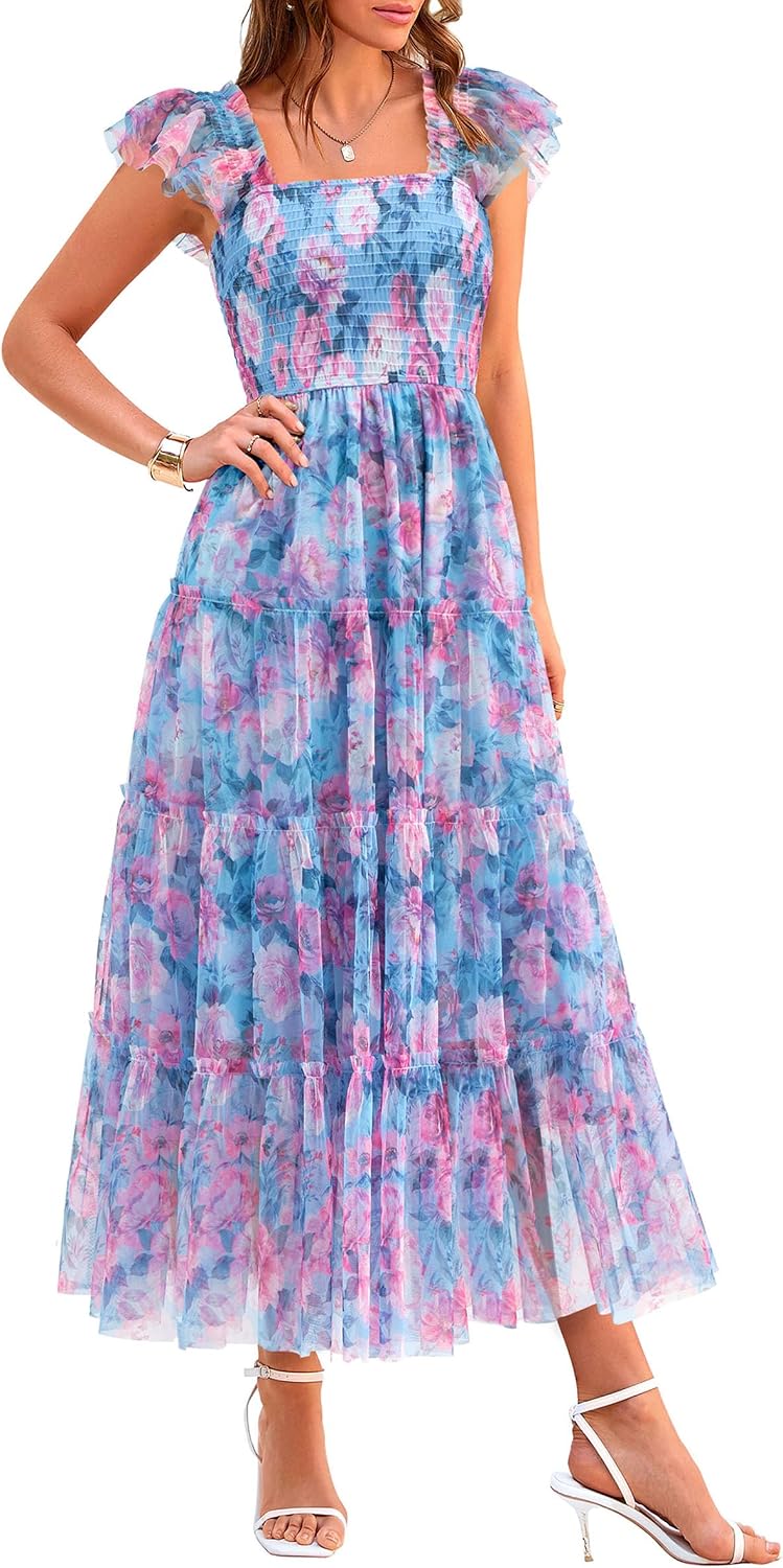 PRETTYGARDEN Women's Summer Smocked Midi Tulle Dress