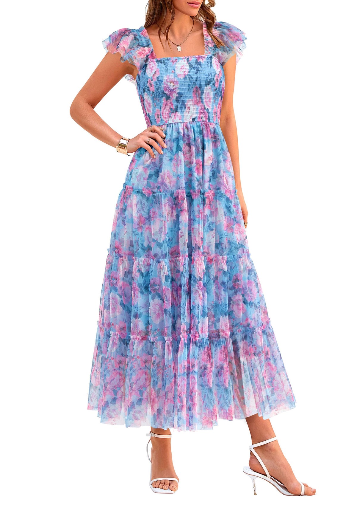 PRETTYGARDEN Women's Summer Smocked Midi Tulle Dress
