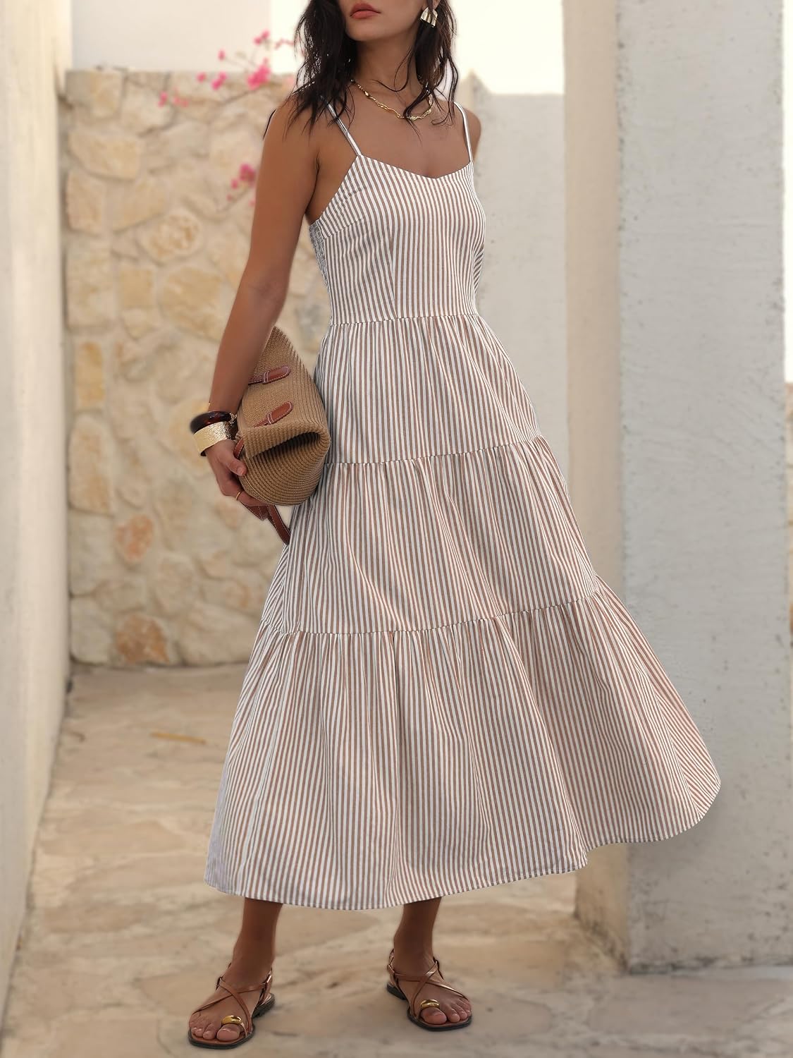 ANRABESS Womens Summer Striped Gingham Midi Dresses Casual Beach Sundress