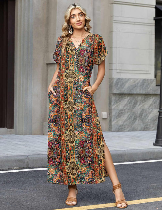 Zeagoo Summer Dresses for Women 2026 Maxi Dresses Vacation Sundress Short Sleeve Casual Sundresses Split Dress with Pockets