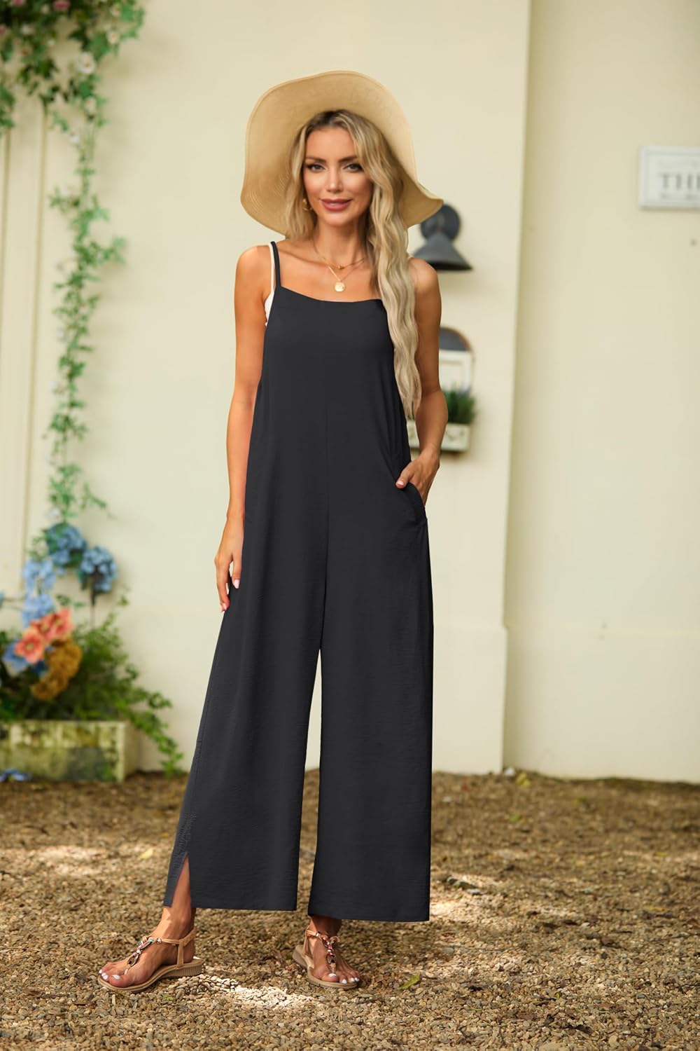 Lepunuo Womens Casual Loose Jumpsuits Summer Boho Wide Leg Rompers Sleeveless Overalls with Pockets