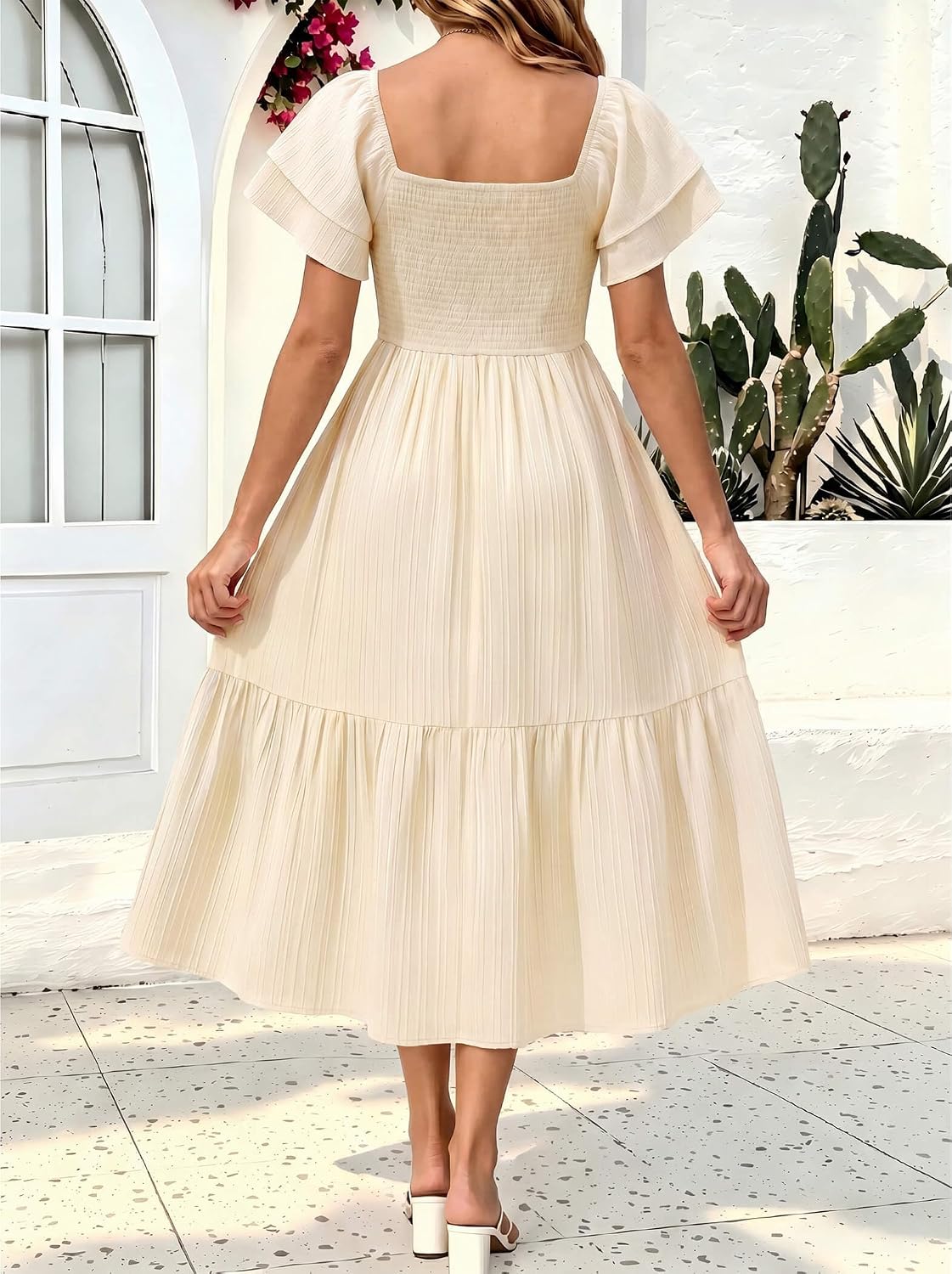 Women's Summer Midi Dress Short Sleeve Square Neck Off Shoulder Ruffle Elastic High Waist Vacation Dress with Pockets