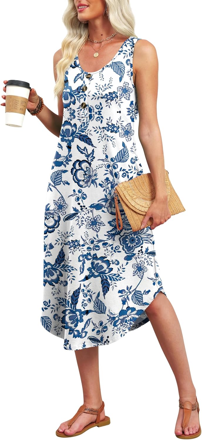 WIHOLL Summer Dresses for Women 2026 Button Front Sleeveless Casual Midi Dress Beach Vacation Sundresses with Pockets