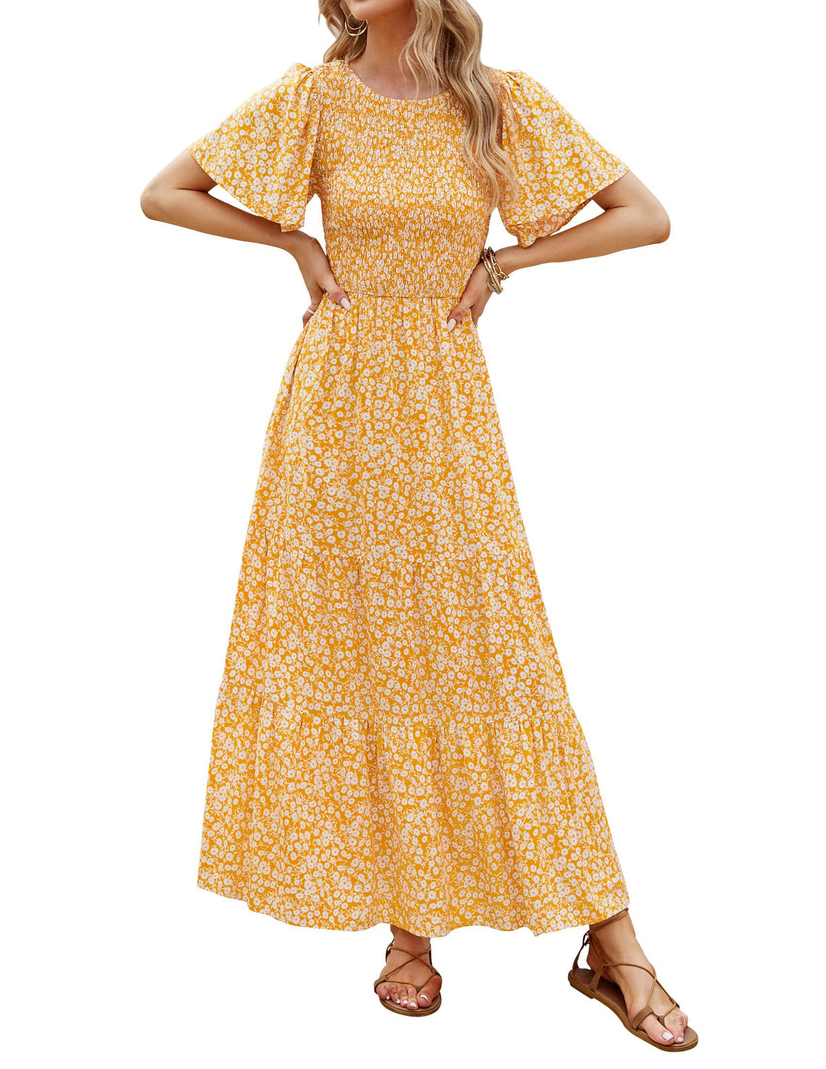 ZESICA Women's Summer Boho Floral Smocked Short Sleeve Maxi Dress
