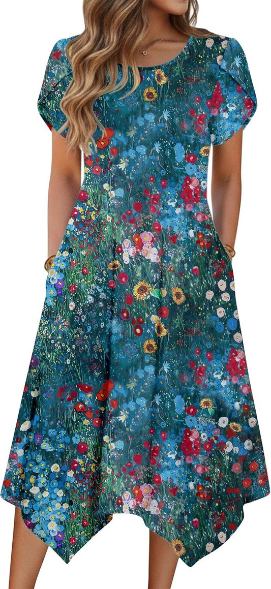 Zeagoo Womens Casual Dress for Summer Loose Hankerchief Flare Midi Sundress