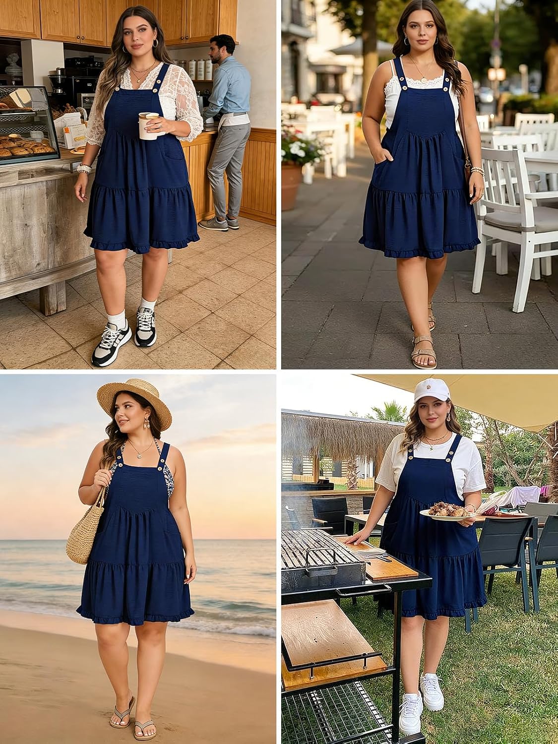 Moon Wood Plus Size Overall Dress for Women Adjustable Straps Jumper Pinafore Dress with Pockets Summer Mini Short Dress
