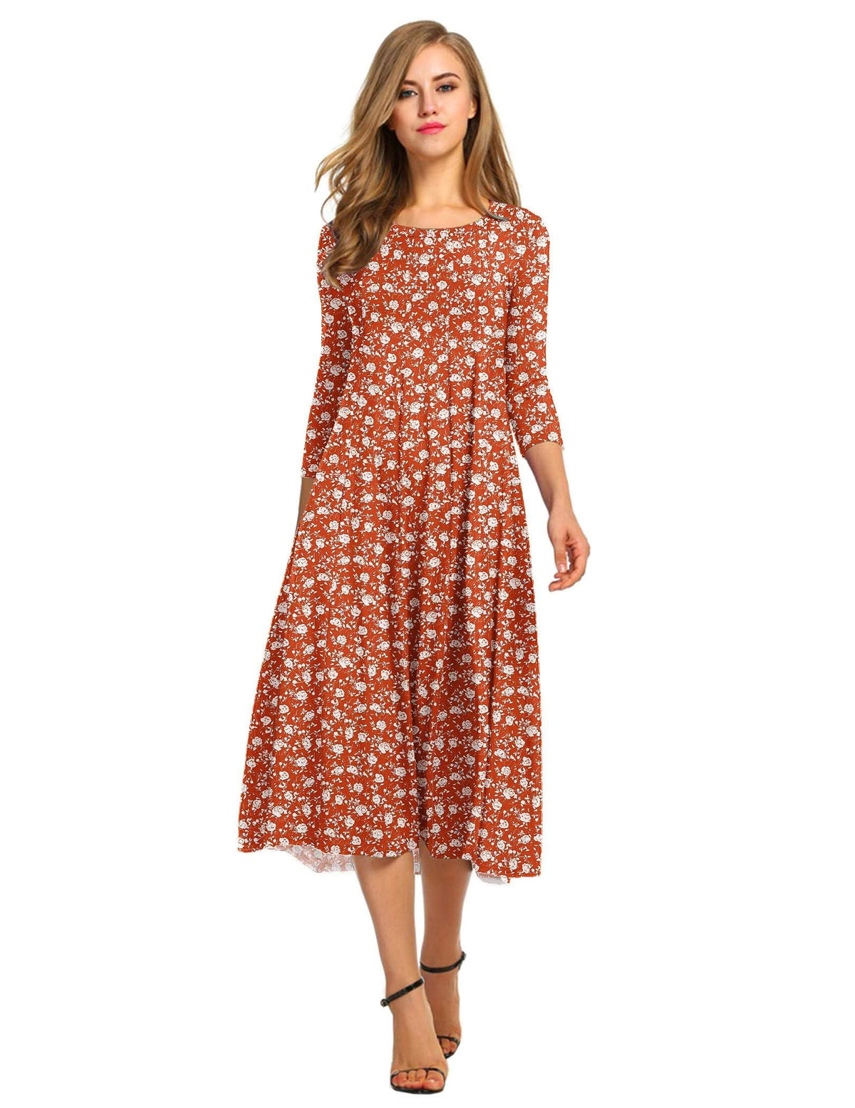HOTOUCH Women's 3/4 Sleeve A-line and Flare Midi Long Dress