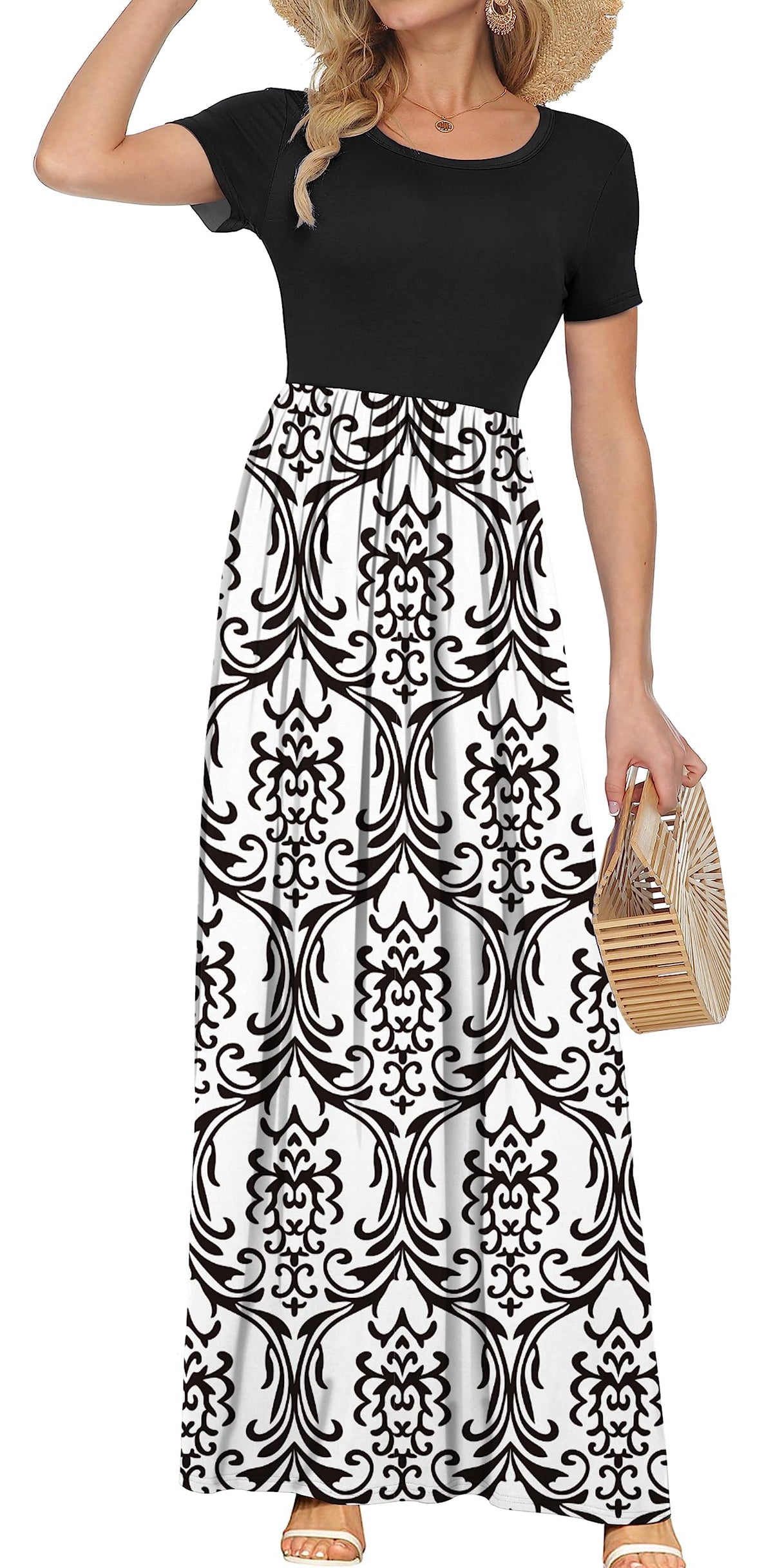 AUSELILY Women's Summer Short Sleeve Loose Plain Casual Long Maxi Dresses