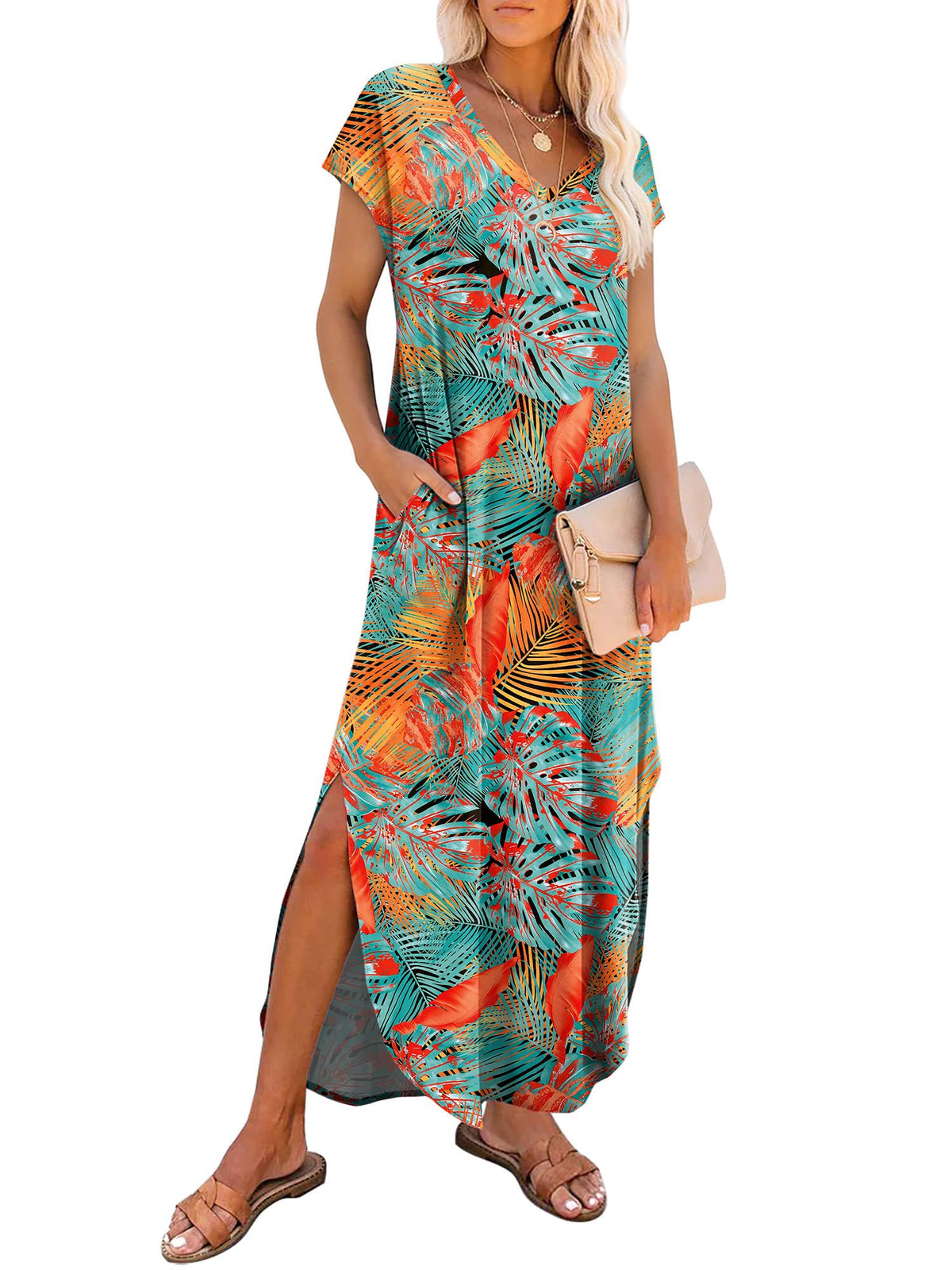 RUMIA Summer Maxi Dresses for Women Cap Sleeve Long Sundress with Pockets