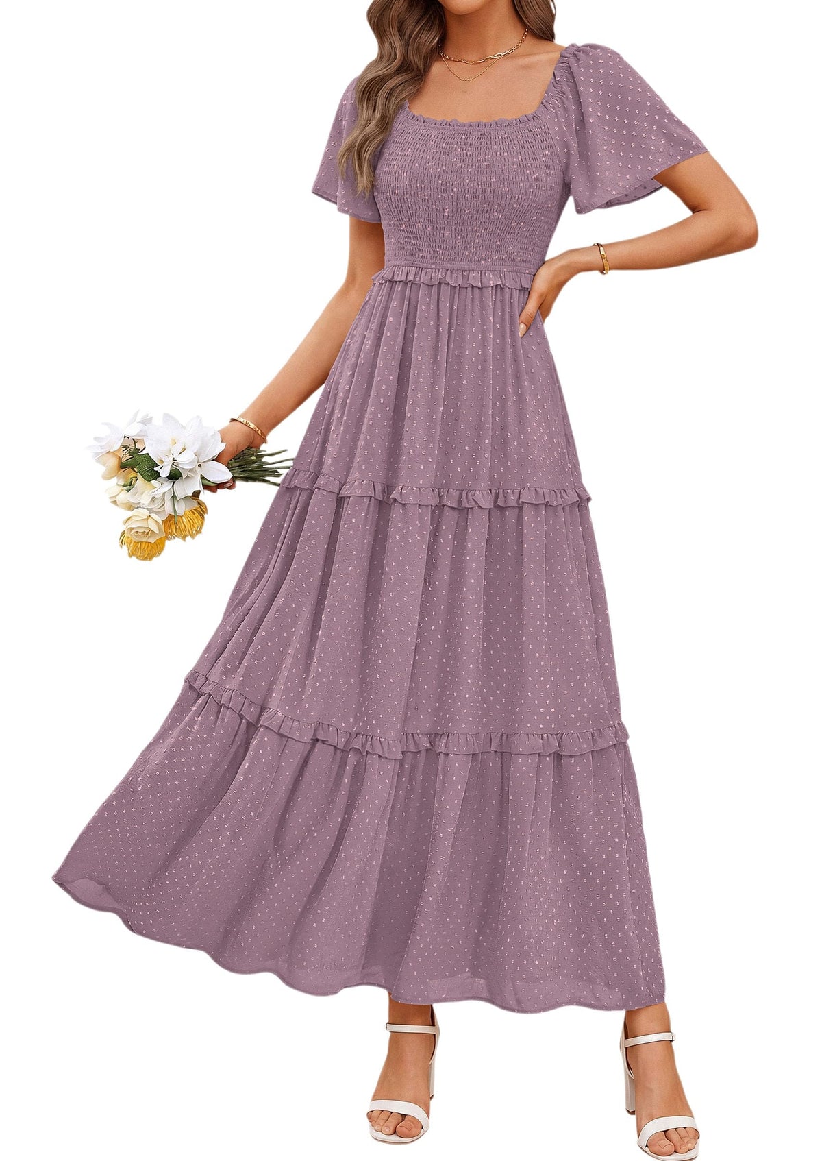 PRETTYGARDEN Womens Summer Dresses Boho Maxi Swiss Dot Dress