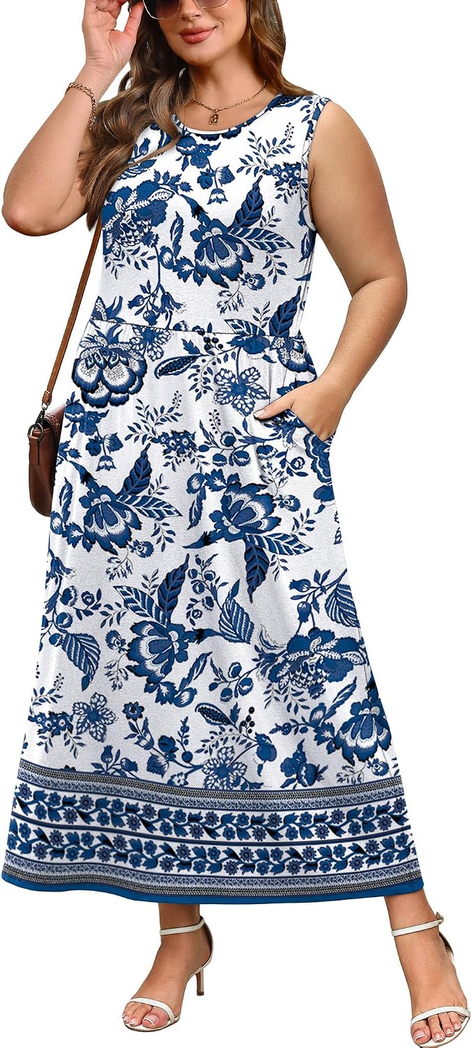 WIHOLL Summer Dresses for Women 2026 Maxi Dresses Long Flowy A Line Sleeveless Sundresses with Pockets